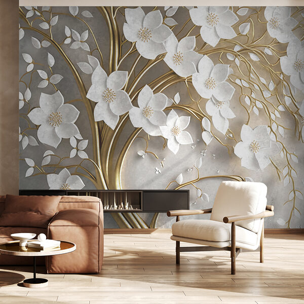 Fotobehang Elegante takken met witte bloemen