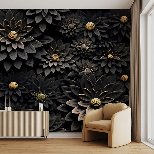 Fotobehang Metallic bloemen op donkere achtergrond