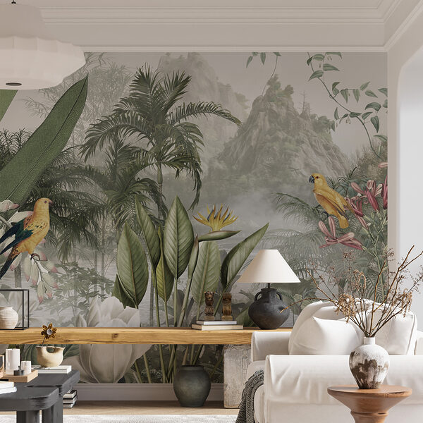 Fotobehang Tropisch paradijs met levendige vogels