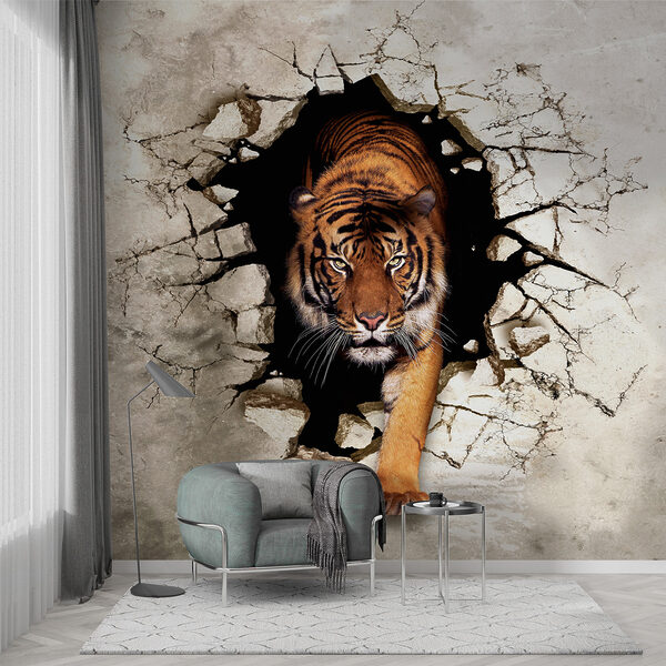Fotobehang Tijger komt tevoorschijn door gebarsten muur