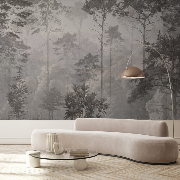 Fotobehang Nevelig bos met hoge bomen