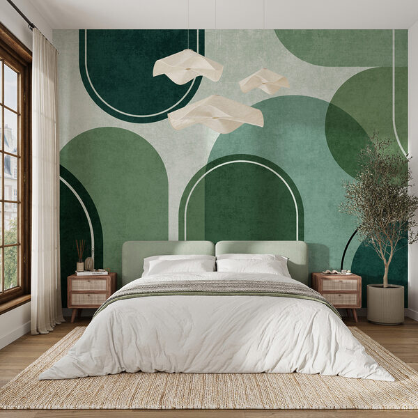 Fotobehang Groene en witte achtergrond met ovalen en ovalen