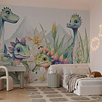 Fotobehang Groep dinosaurussen omringd door bloemen