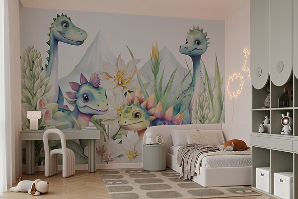 Groep dinosaurussen omringd door bloemen Fotobehang Groep dinosaurussen omringd door bloemen