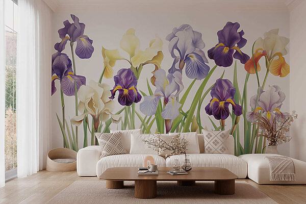 Groep paarse en witte bloemen Fotobehang Groep paarse en witte bloemen