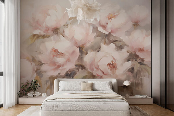 Schilderij van bloemen op een witte achtergrond Fotobehang Schilderij van bloemen op een witte achtergrond