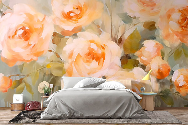 Schilderij van bloemen op een wit oppervlak Fotobehang Schilderij van bloemen op een wit oppervlak