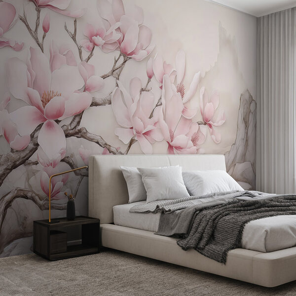 Schilderij van een boom met roze bloemen Fotobehang Schilderij van een boom met roze bloemen