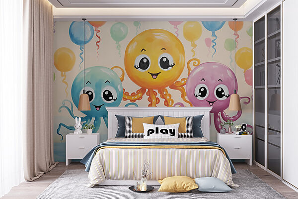 Groep octopussen met ballonnen Fotobehang Groep octopussen met ballonnen