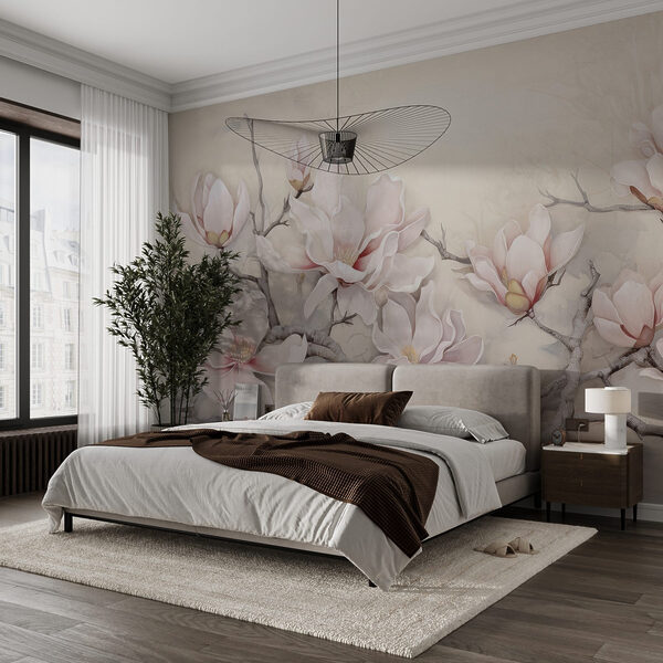Schilderij van bloemen op een tak Fotobehang Schilderij van bloemen op een tak