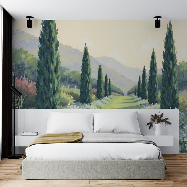 Schilderij van een landschap met bomen en bloemen Fotobehang Schilderij van een landschap met bomen en bloemen