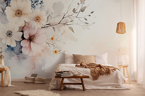 Schilderij van bloemen op een witte achtergrond Fotobehang Schilderij van bloemen op een witte achtergrond