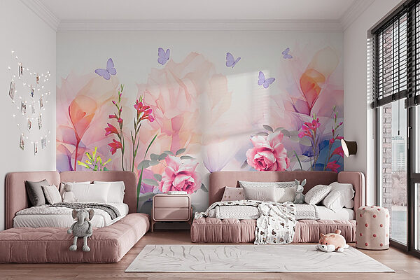 Groep bloemen met vlinders Fotobehang Groep bloemen met vlinders