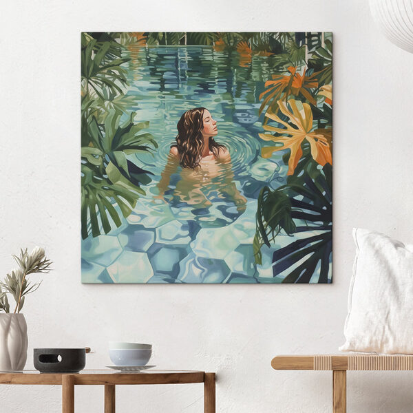 Vrouw in een zwembad omringd door planten Canvas Schilderijen Vrouw in een zwembad omringd door planten