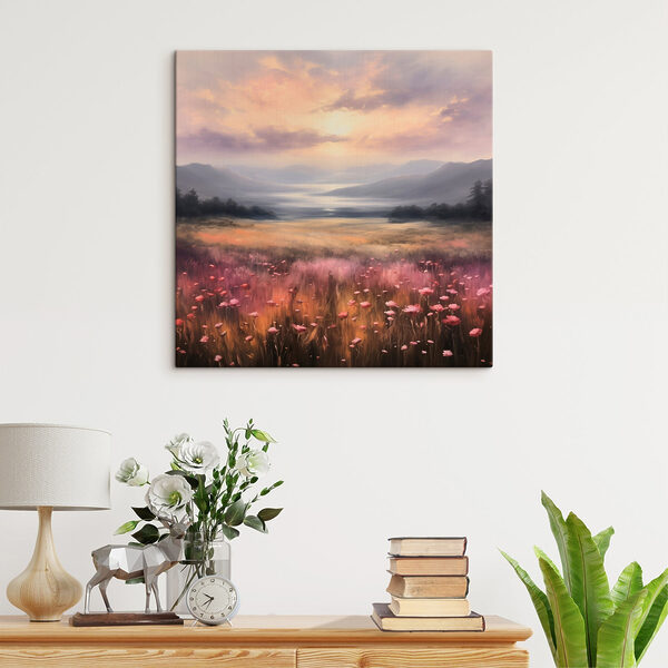 Bloemenveld met bergen op de achtergrond Canvas Schilderijen Bloemenveld met bergen op de achtergrond