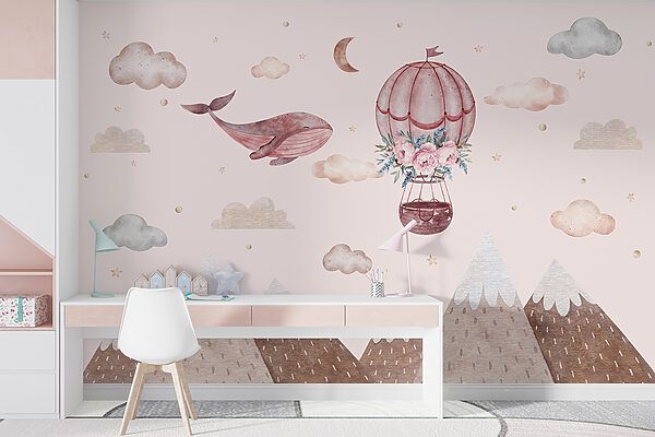 Walvis en luchtballon Fotobehang Walvis en luchtballon