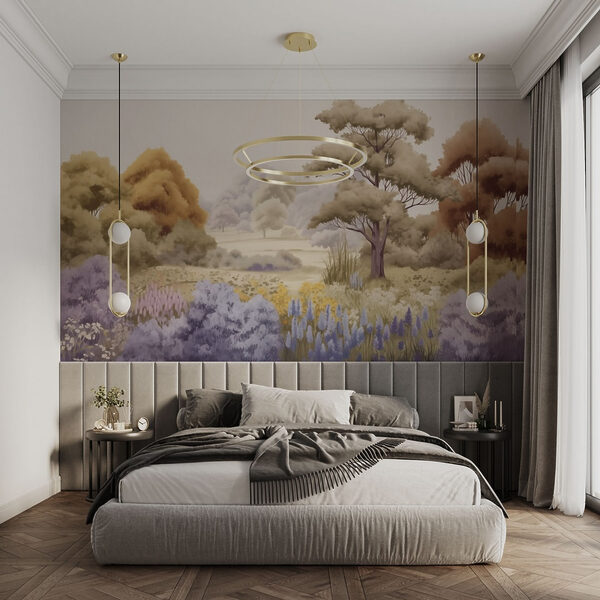 Landschap met bomen en bloemen Fotobehang Landschap met bomen en bloemen