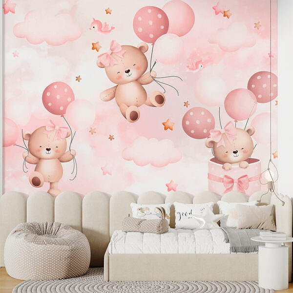 Groep teddyberen die ballonnen vasthouden Fotobehang Groep teddyberen die ballonnen vasthouden