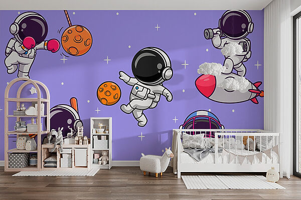 Cartoon van astronauten in de ruimte Fotobehang Cartoon van astronauten in de ruimte