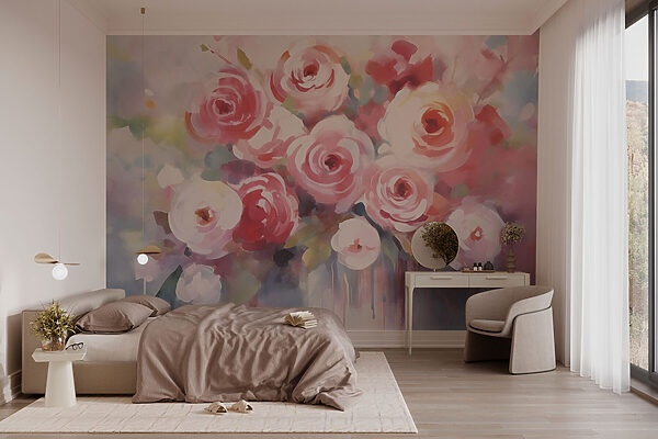 Schilderij van bloemen op een wit oppervlak Fotobehang Schilderij van bloemen op een wit oppervlak