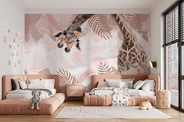 Giraffe met een patroon van bladeren Fotobehang Giraffe met een patroon van bladeren