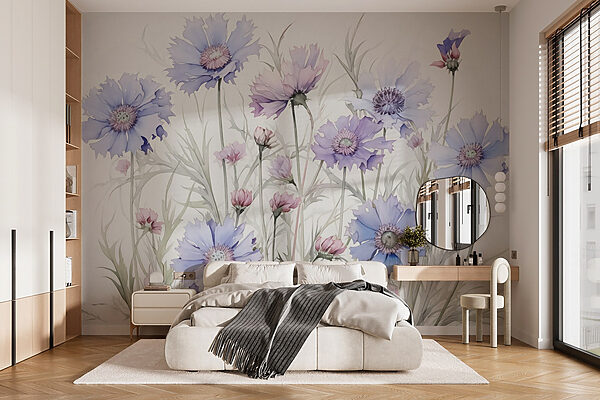 Schilderij van bloemen op een witte achtergrond Fotobehang Schilderij van bloemen op een witte achtergrond