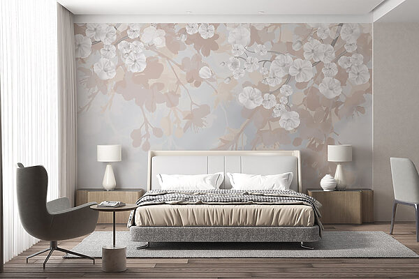 Witte bloemen aan een tak Fotobehang Witte bloemen aan een tak