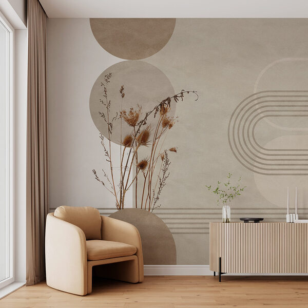 Bruine en witte achtergrond met bruine en witte cirkels en planten Fotobehang Bruine en witte achtergrond met bruine en witte cirkels en planten