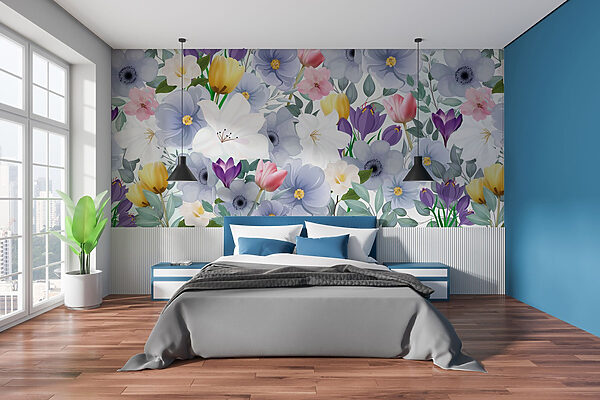 Groep bloemen met bladeren Fotobehang Groep bloemen met bladeren
