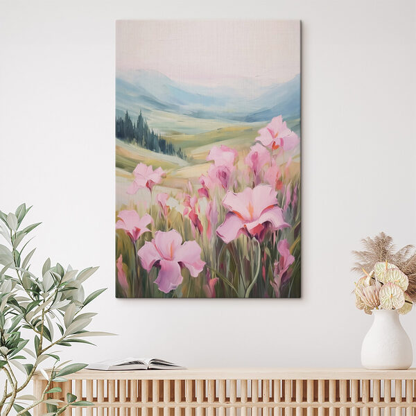 Schilderij van roze bloemen in een veld Canvas Schilderijen Schilderij van roze bloemen in een veld