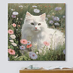 Canvas Schilderijen Witte kat in een bloemenveld