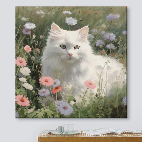Witte kat in een bloemenveld Canvas Schilderijen Witte kat in een bloemenveld