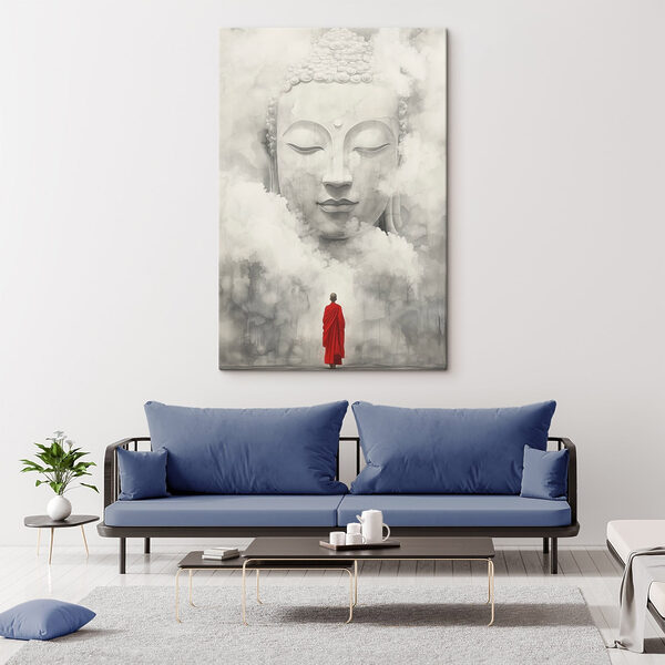 Man voor een groot standbeeld Canvas Schilderijen Man voor een groot standbeeld