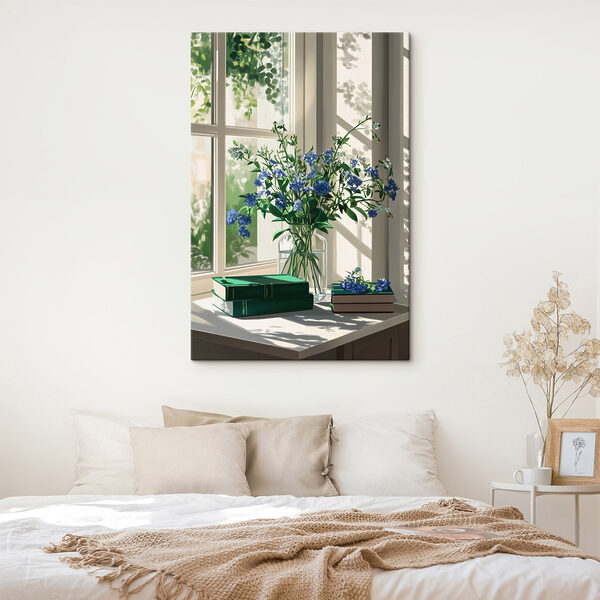 Vaas met bloemen voor een raam Canvas Schilderijen Vaas met bloemen voor een raam
