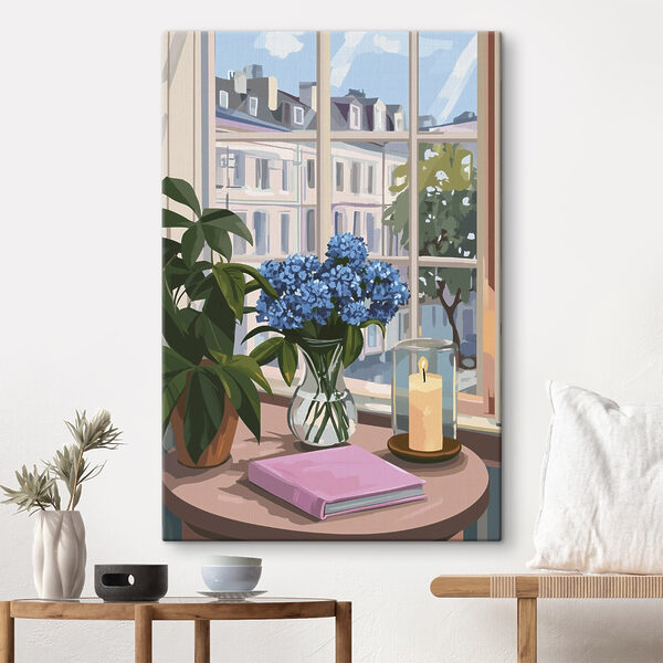 Vaas met bloemen en een kaars voor een raam Canvas Schilderijen Vaas met bloemen en een kaars voor een raam