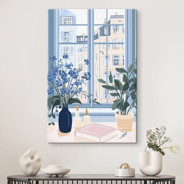Raam met bloemen en kaarsen Canvas Schilderijen Raam met bloemen en kaarsen