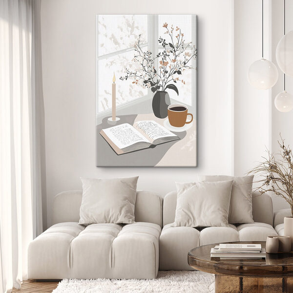Boek en een kop koffie op een tafel Canvas Schilderijen Boek en een kop koffie op een tafel
