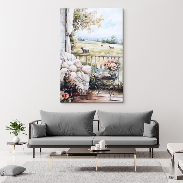 Schilderij van schapen op een veranda Canvas Schilderijen Schilderij van schapen op een veranda