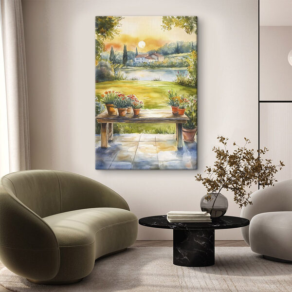 Aquarel van een tafel met potplanten erop Canvas Schilderijen Aquarel van een tafel met potplanten erop