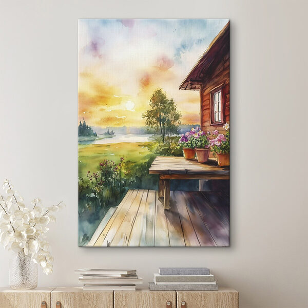 Aquarel schilderij van een huis met bloemen op een tafel Canvas Schilderijen Aquarel schilderij van een huis met bloemen op een tafel