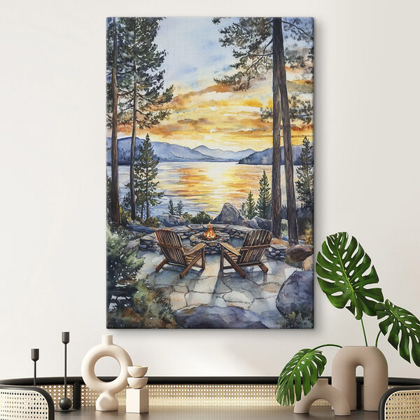 Aquarel schilderij van stoelen rond een vuurplaats met uitzicht op een meer Canvas Schilderijen Aquarel schilderij van stoelen rond een vuurplaats met uitzicht op een meer