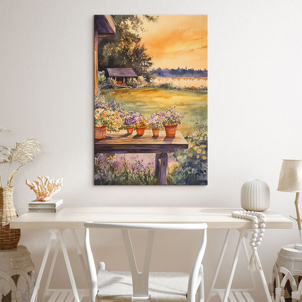 Aquarel schilderij van een veranda met bloemen in potten op een tafel Canvas Schilderijen Aquarel schilderij van een veranda met bloemen in potten op een tafel