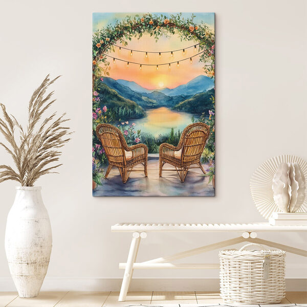 Schilderij van stoelen en een meer Canvas Schilderijen Schilderij van stoelen en een meer