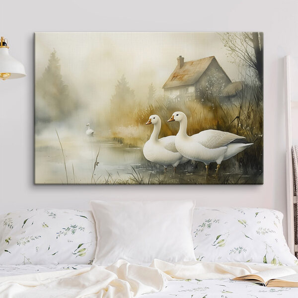 Aquarel van ganzen in een vijver Canvas Schilderijen Aquarel van ganzen in een vijver