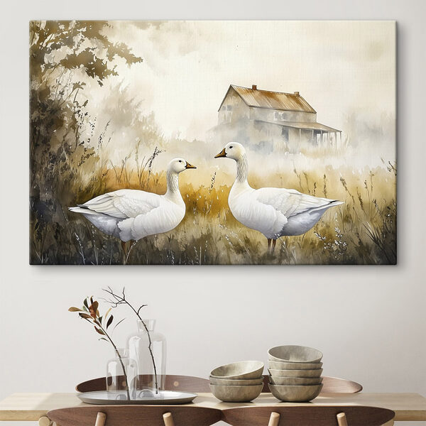 Aquarel van twee ganzen in een veld Canvas Schilderijen Aquarel van twee ganzen in een veld