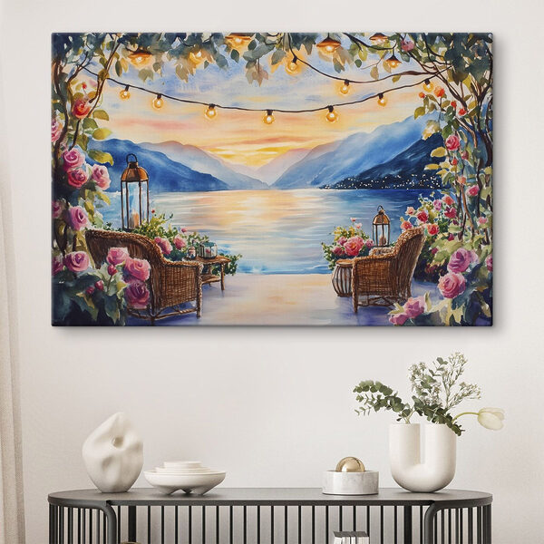 Aquarelverfschilderij van een terras met stoelen en bloemen en lichtjes aan een touwtje Canvas Schilderijen Aquarelverfschilderij van een terras met stoelen en bloemen en lichtjes aan een touwtje