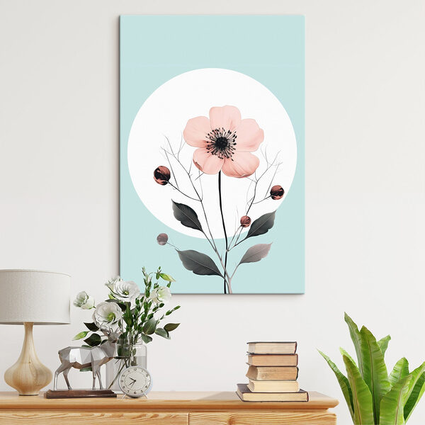 Canvas Schilderijen Roze bloem met zwart hart en bladeren