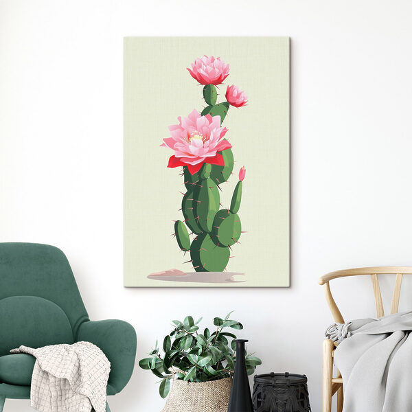Canvas Schilderijen Cactus met roze bloemen