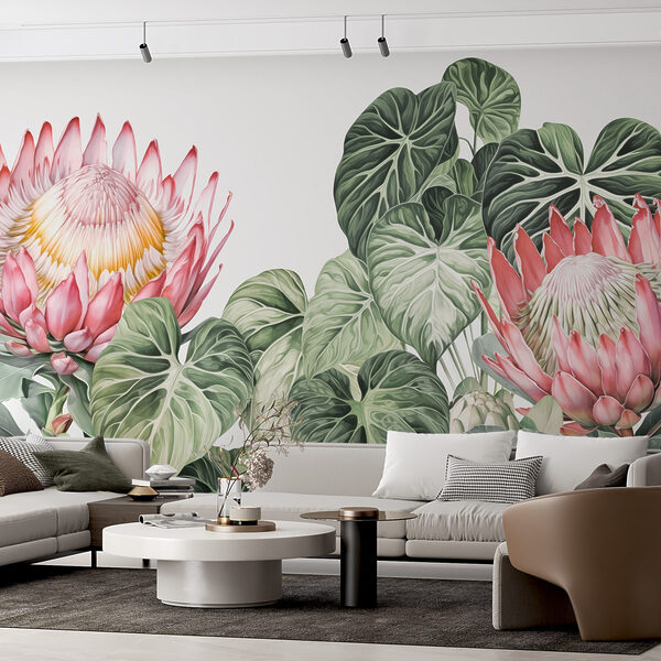 Fotobehang Levendige bloemen tussen weelderig gebladerte