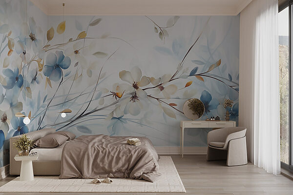 Schilderij van bloemen en bladeren Fotobehang Schilderij van bloemen en bladeren